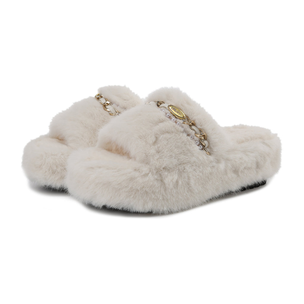 White Platform Chain Pearl Furry Slippers