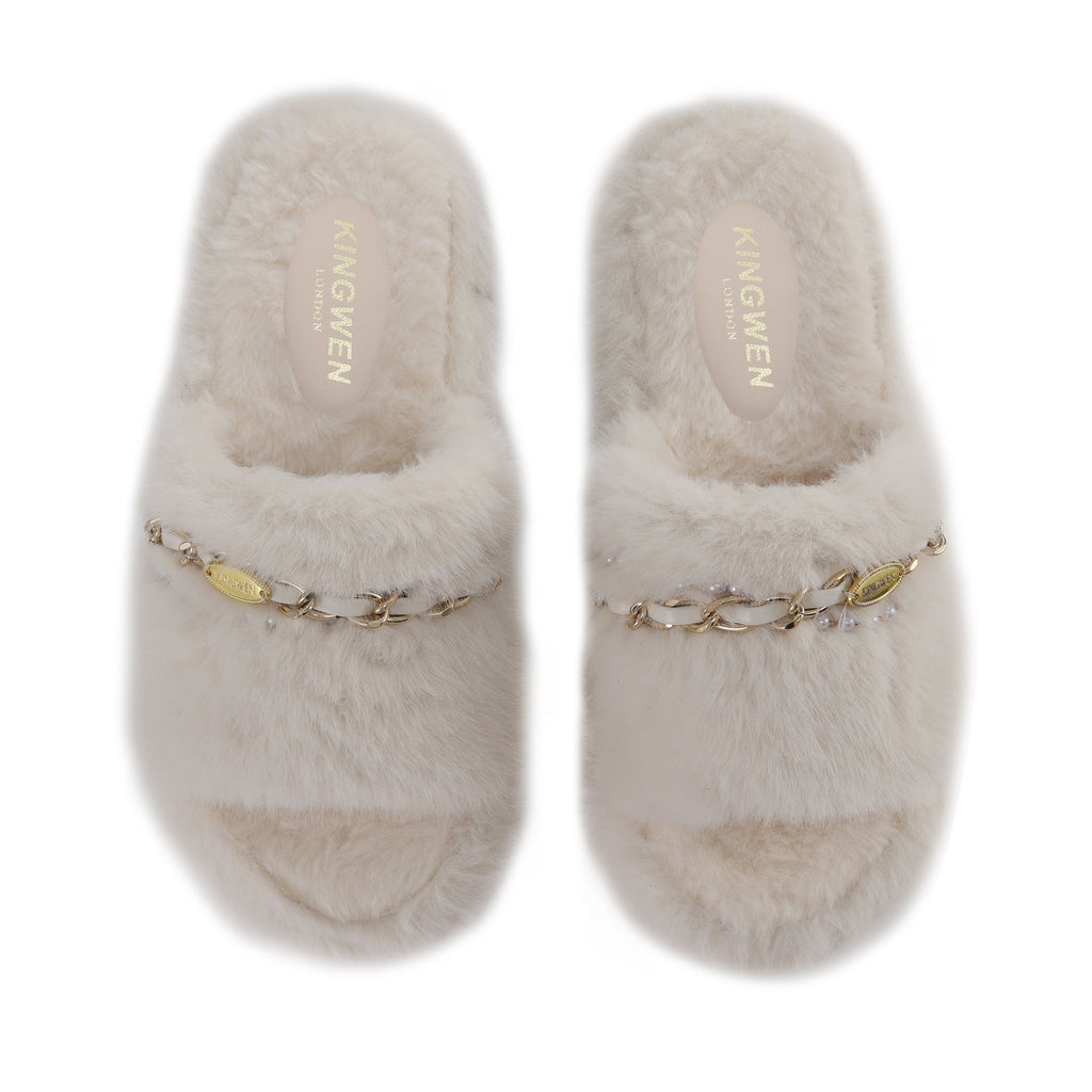 White Platform Chain Pearl Furry Slippers