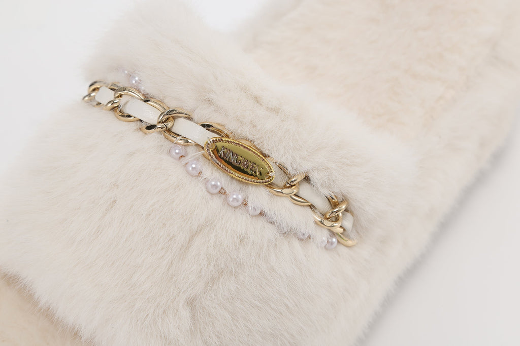 White Platform Chain Pearl Furry Slippers