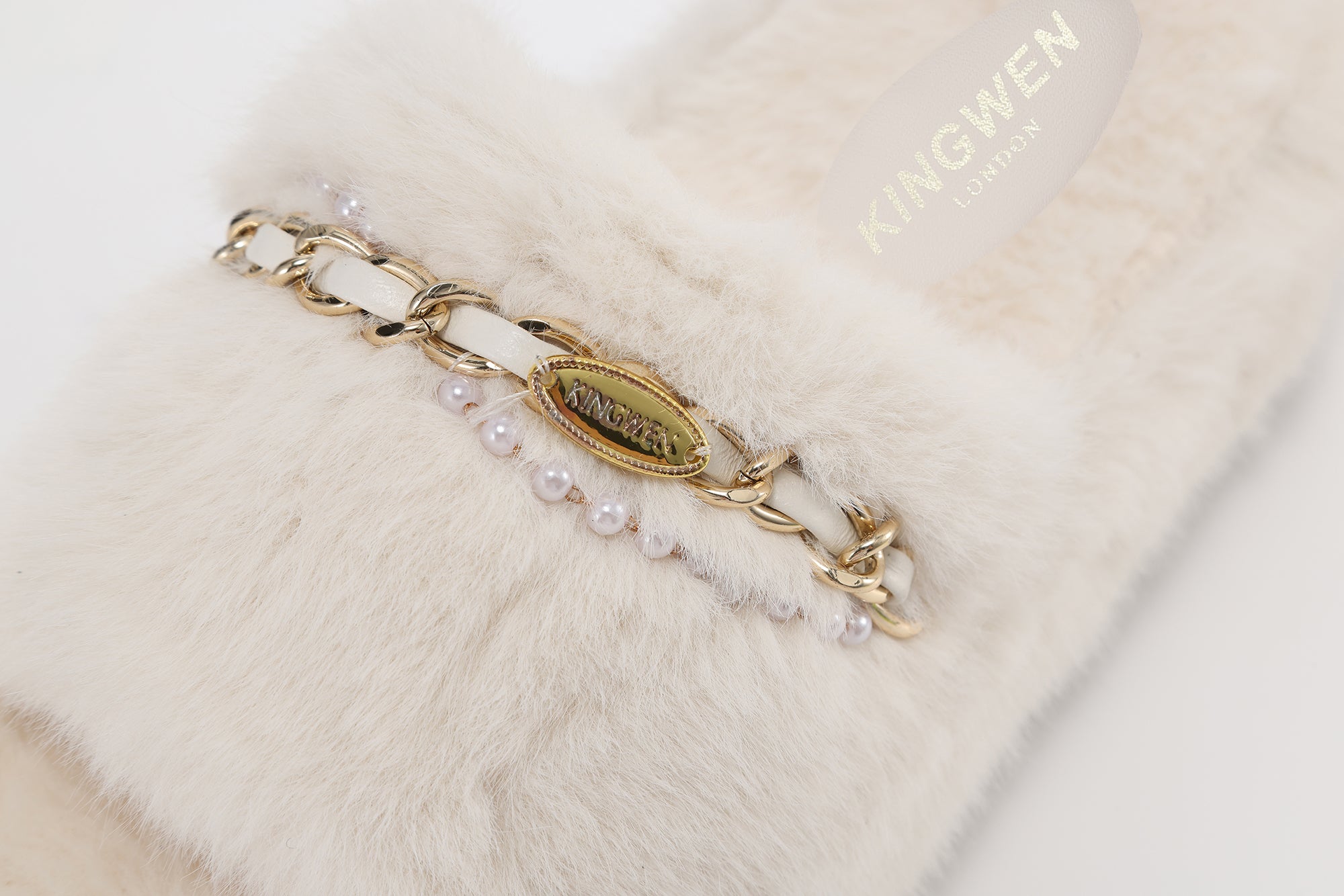 White Platform Chain Pearl Furry Slippers