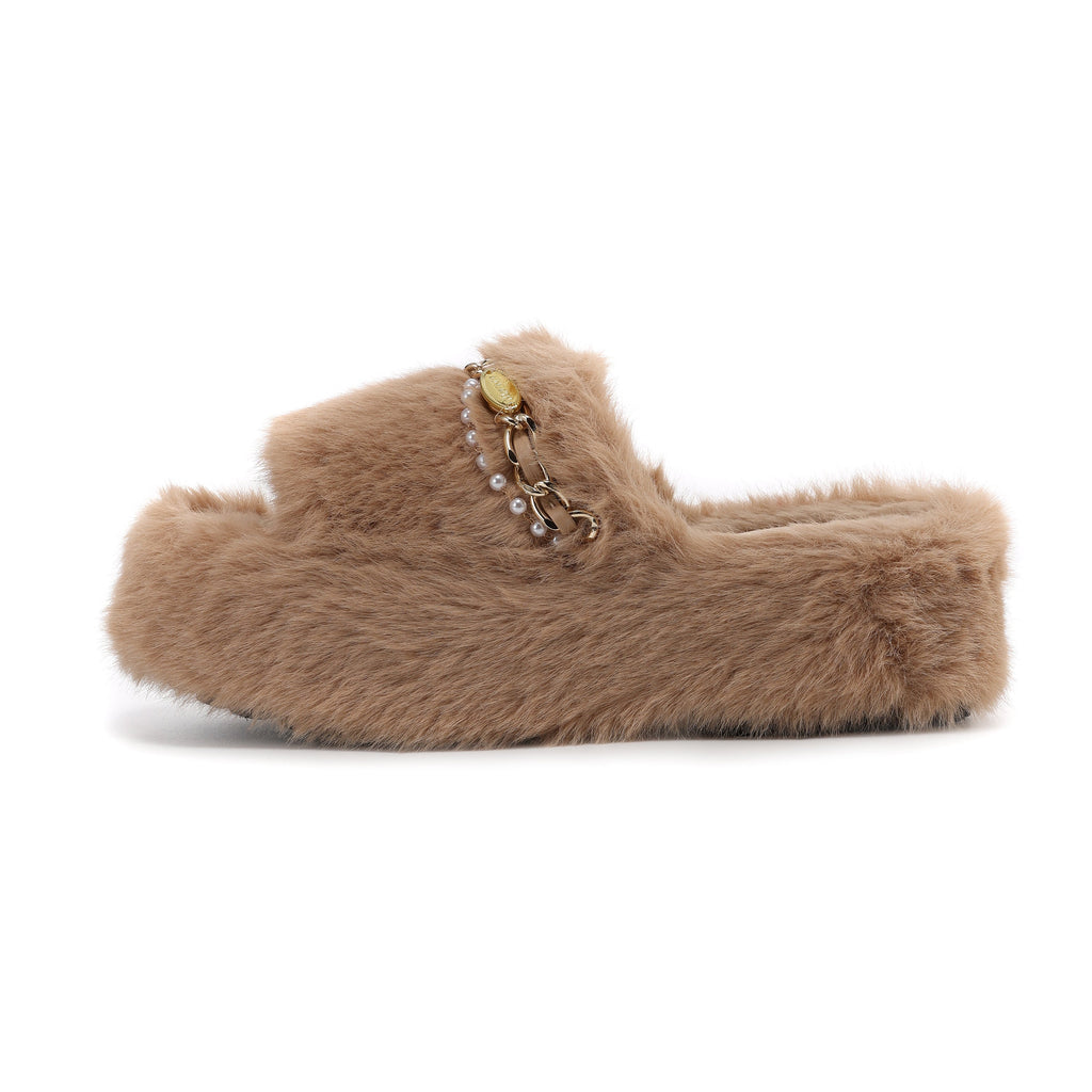 Coffee Platform Chain Pearl Furry Slippers