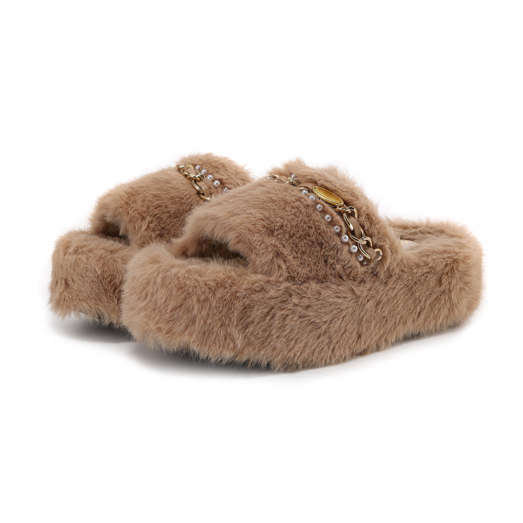 Coffee Platform Chain Pearl Furry Slippers