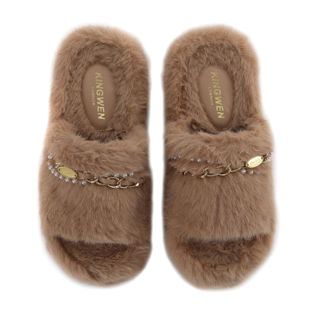 Coffee Platform Chain Pearl Furry Slippers