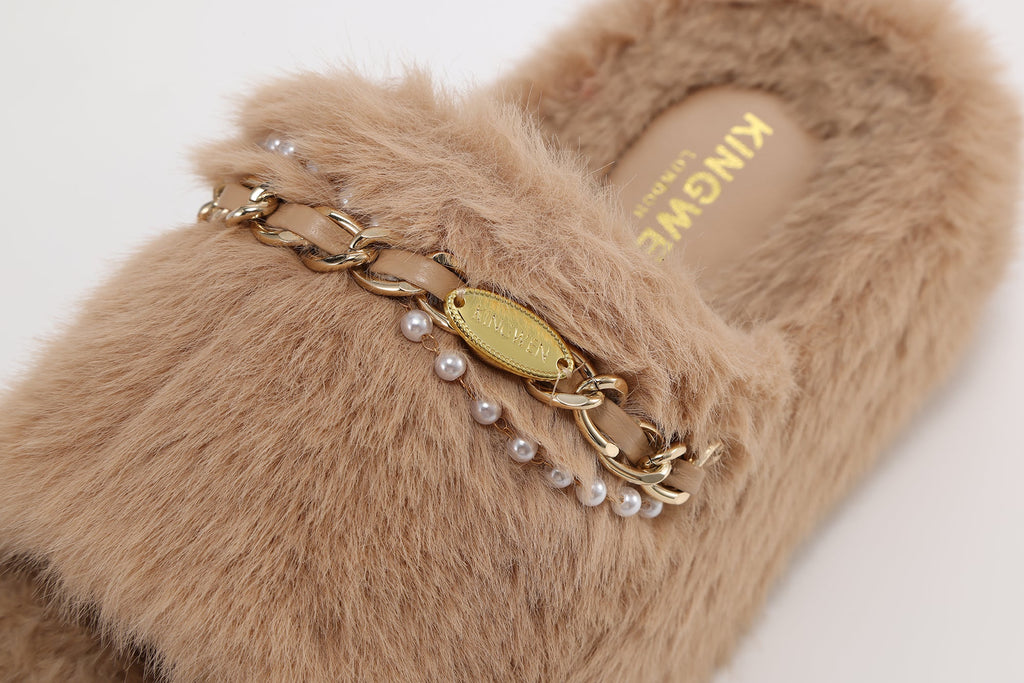 Coffee Platform Chain Pearl Furry Slippers