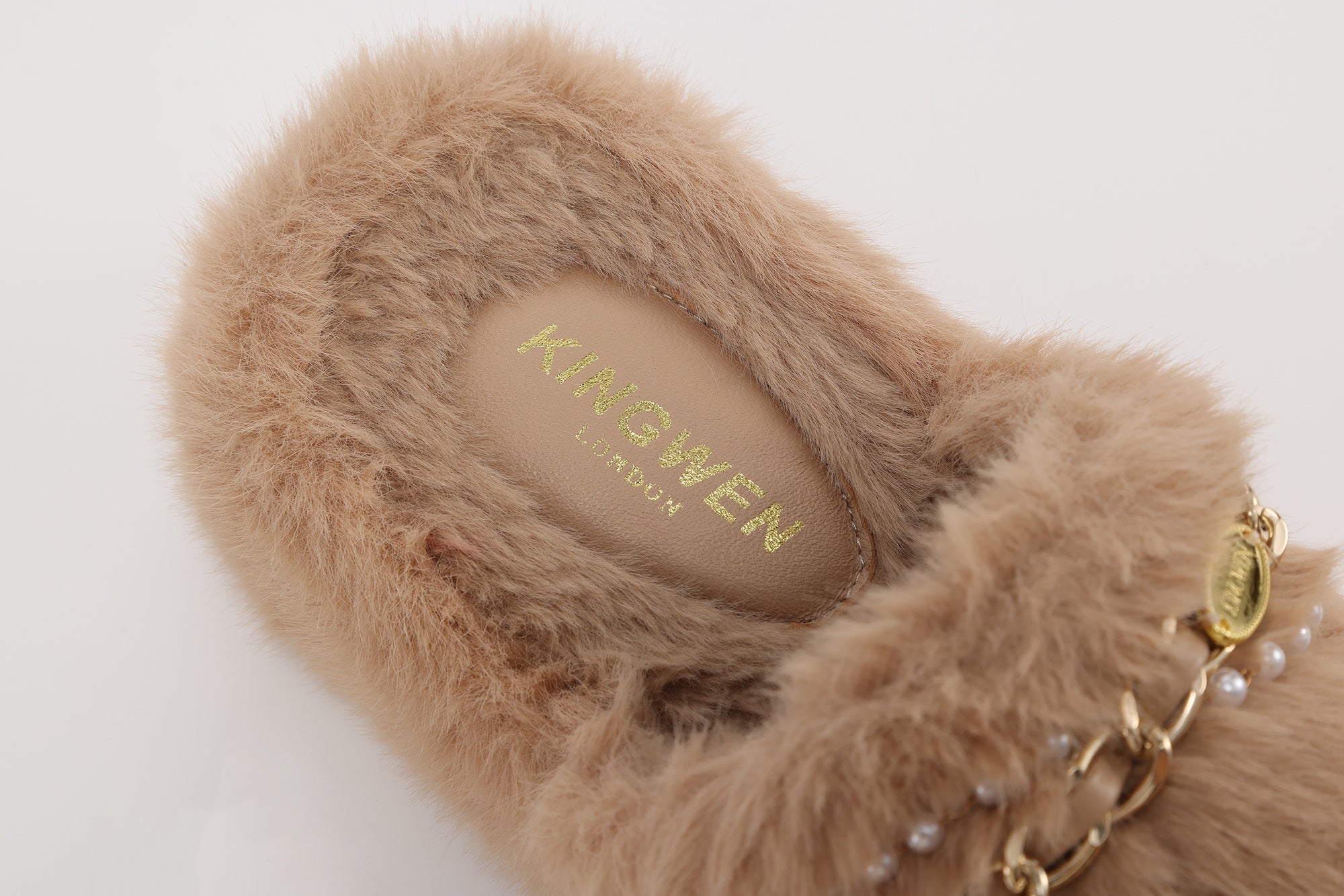 Coffee Platform Chain Pearl Furry Slippers