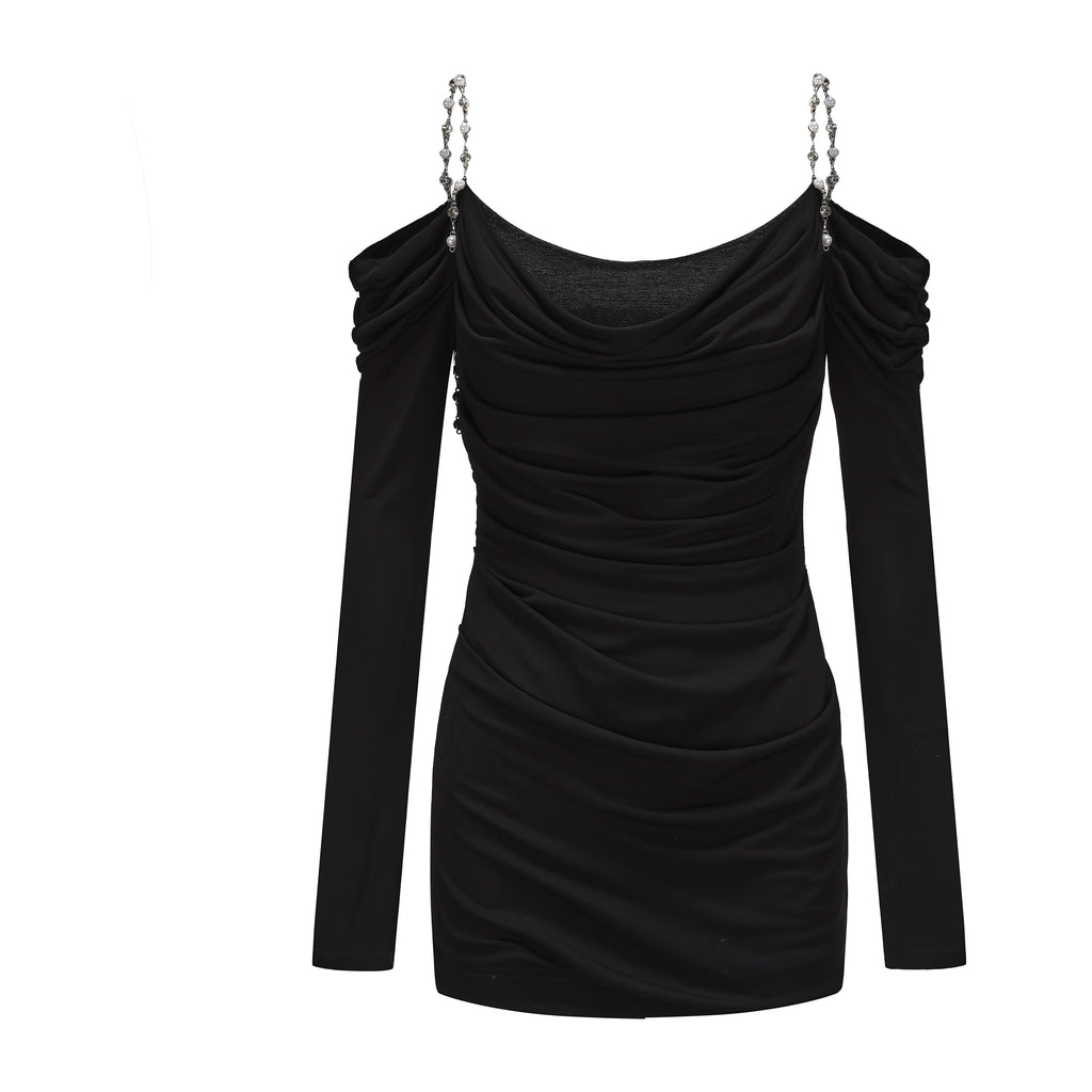 Black Metal-Strapped Ruched Fitted Dress