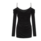 Black Metal-Strapped Ruched Fitted Dress