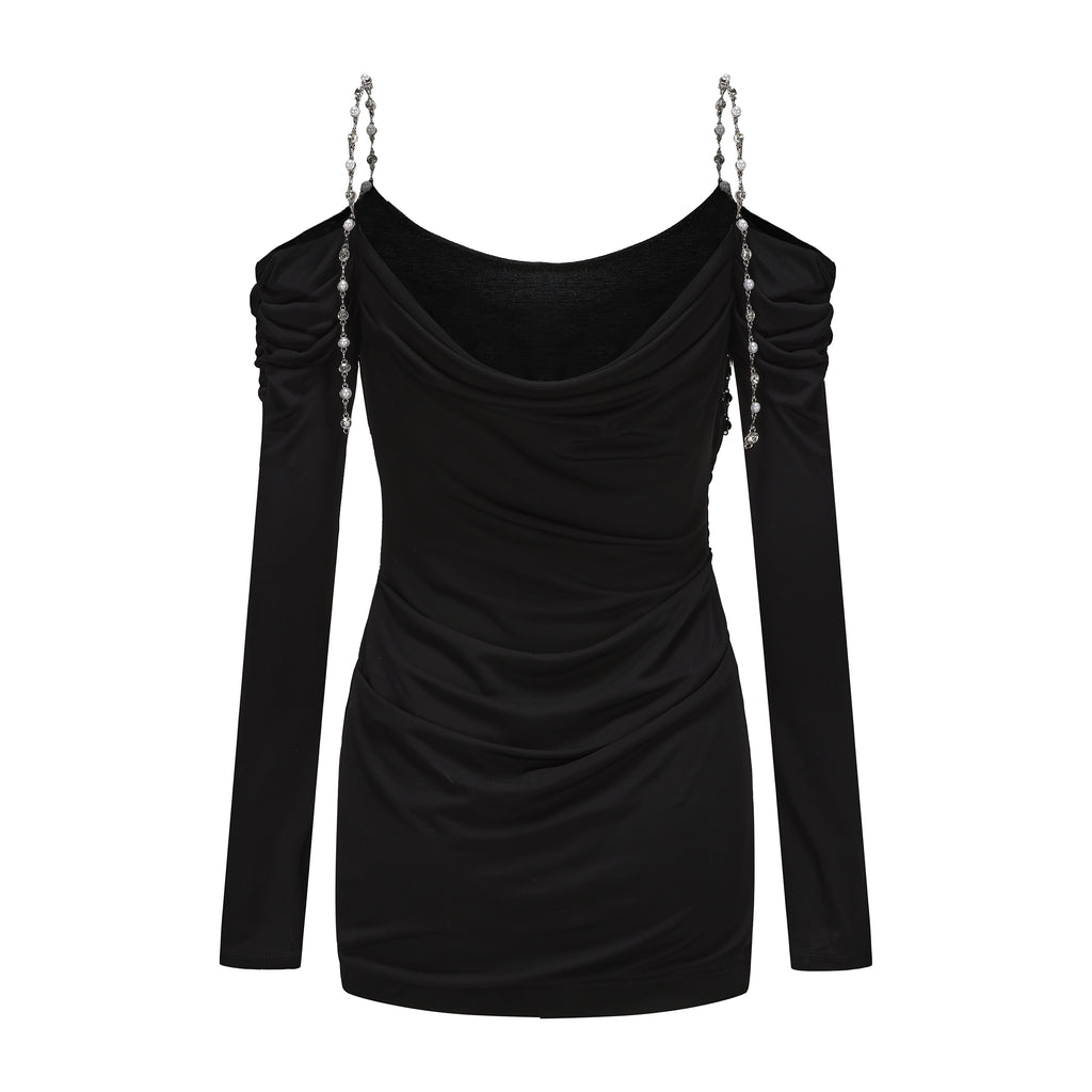 Black Metal-Strapped Ruched Fitted Dress