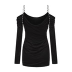 Black Metal-Strapped Ruched Fitted Dress