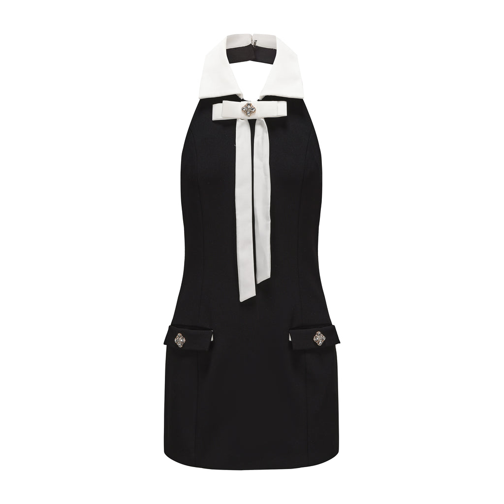 Black Bow Collared Waist-Cinching Dress