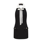 Black Bow Collared Waist-Cinching Dress