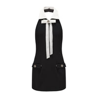 Black Bow Collared Waist-Cinching Dress