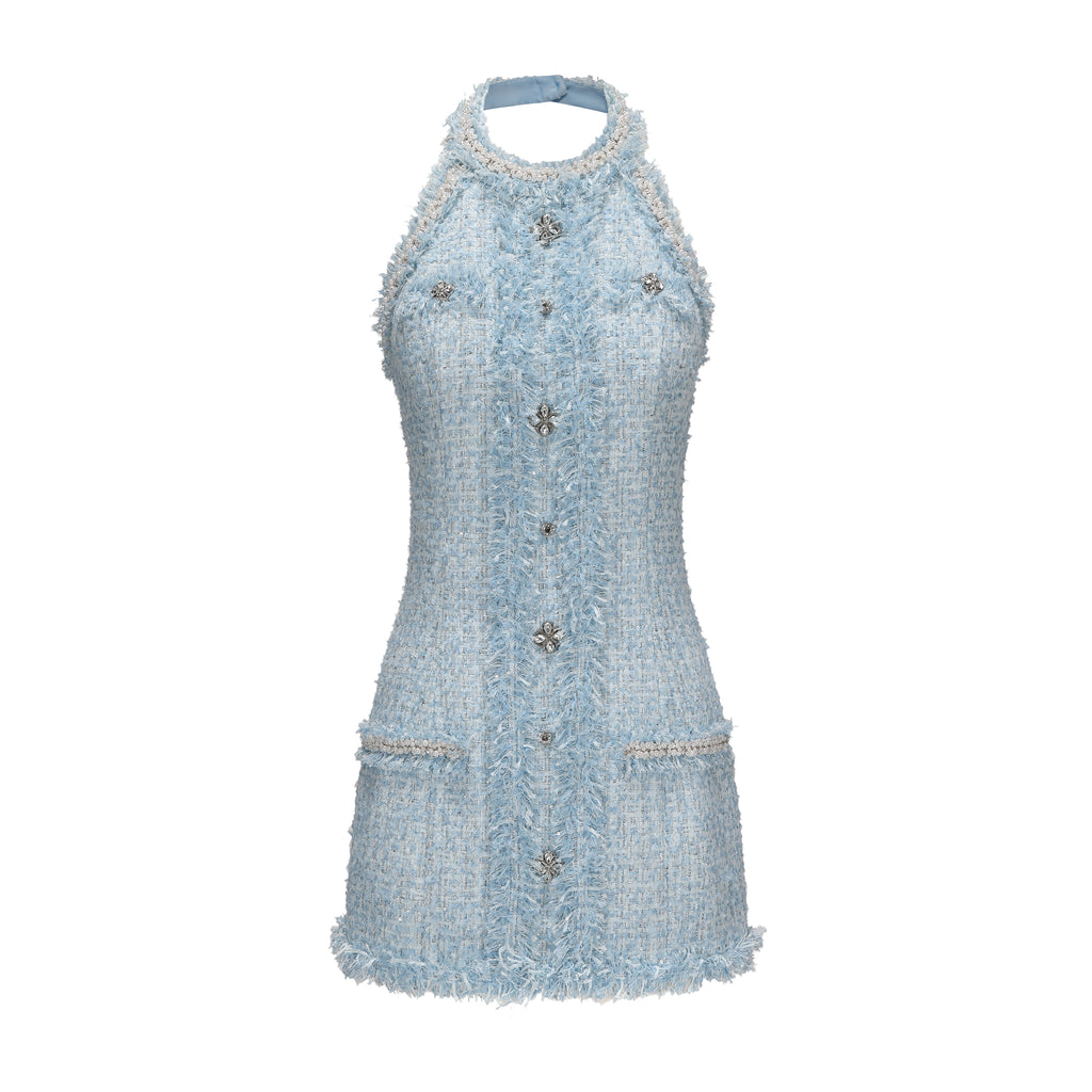 Blue Halter Beaded Tweed Dress