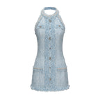 Blue Halter Beaded Tweed Dress