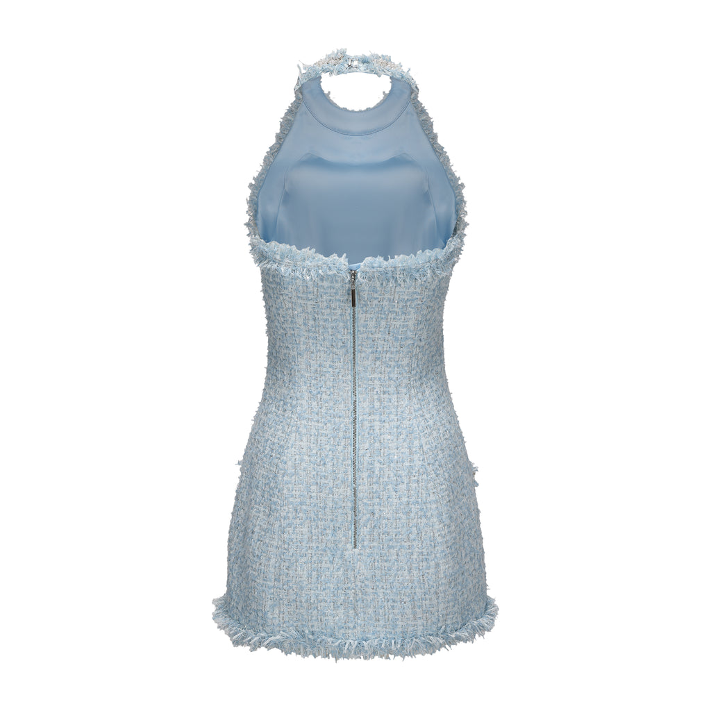 Blue Halter Beaded Tweed Dress