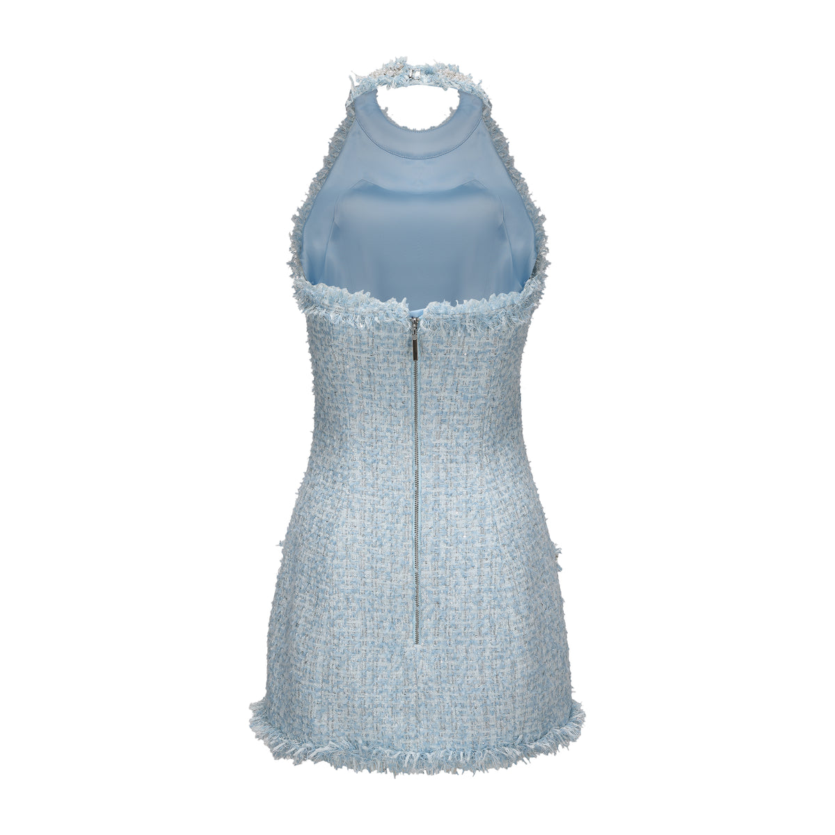 Blue Halter Beaded Tweed Dress