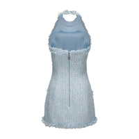Blue Halter Beaded Tweed Dress