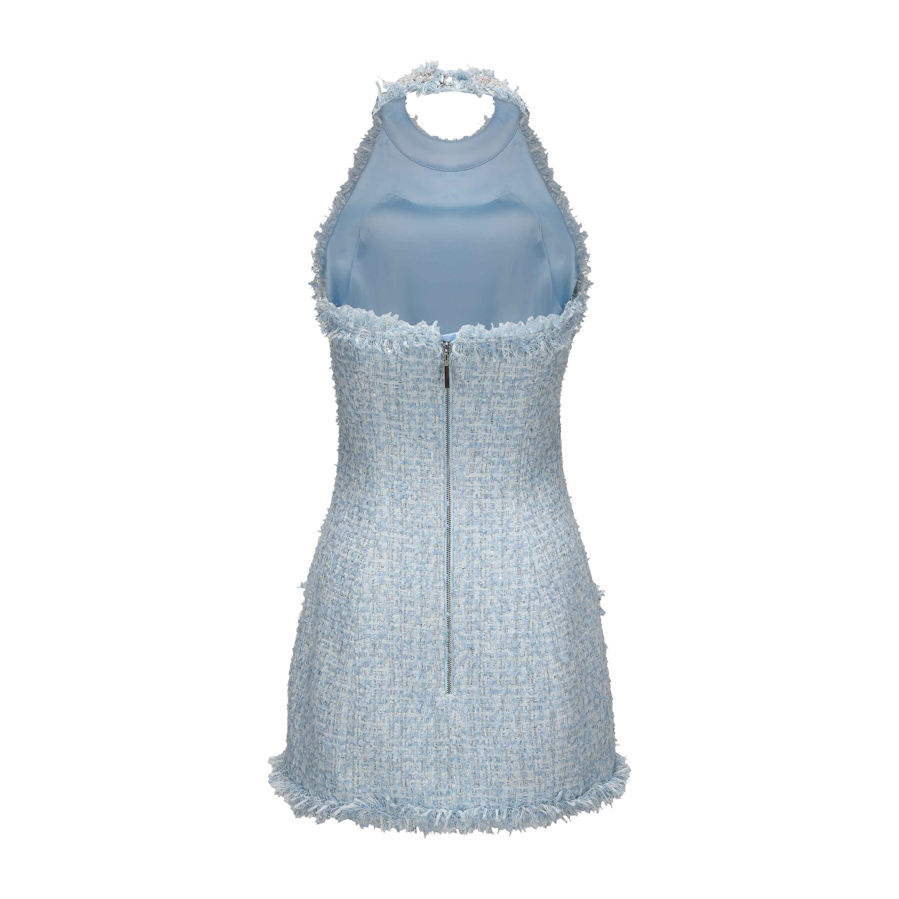 Blue Halter Beaded Tweed Dress