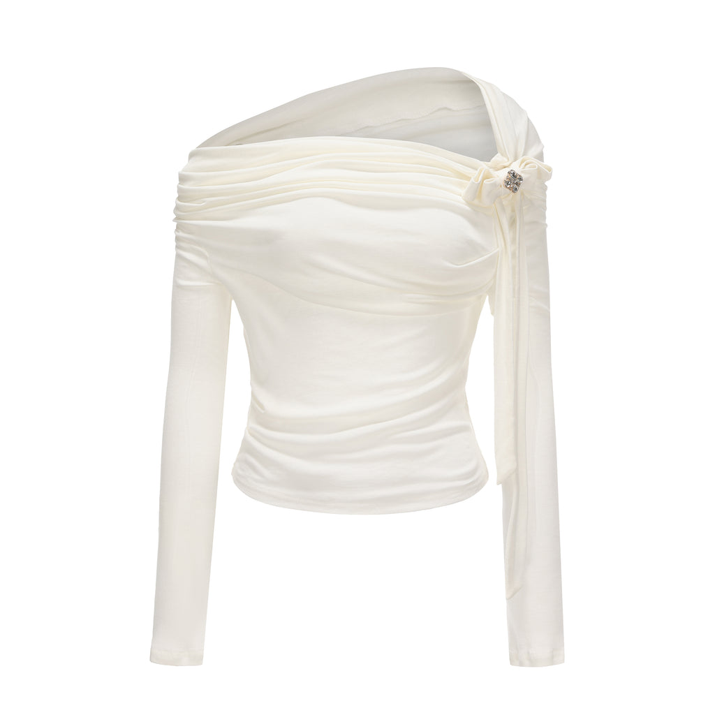 White Off-The-Shoulder Pleated Bow Ribbon Blouse
