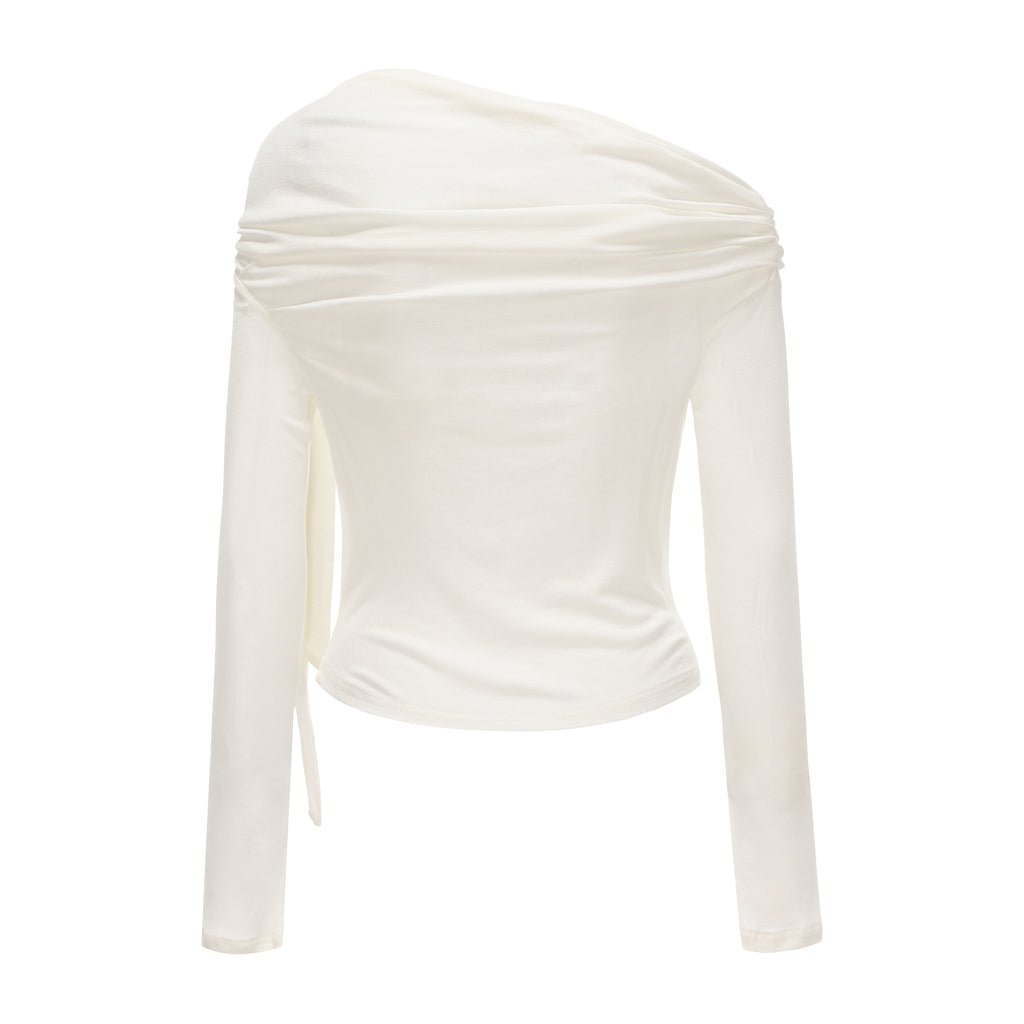 White Off-The-Shoulder Pleated Bow Ribbon Blouse