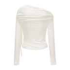White Off-The-Shoulder Pleated Bow Ribbon Blouse