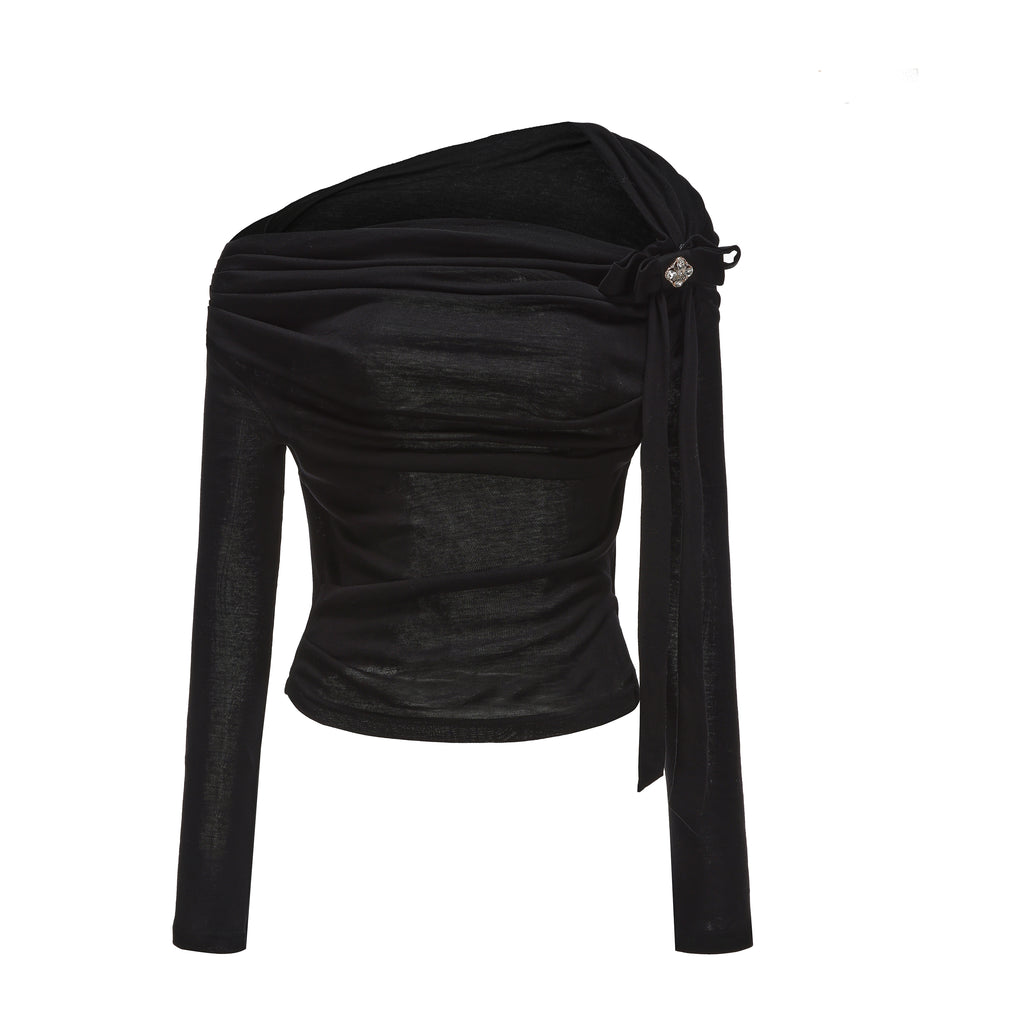 Black Off-The-Shoulder Pleated Bow Ribbon Blouse