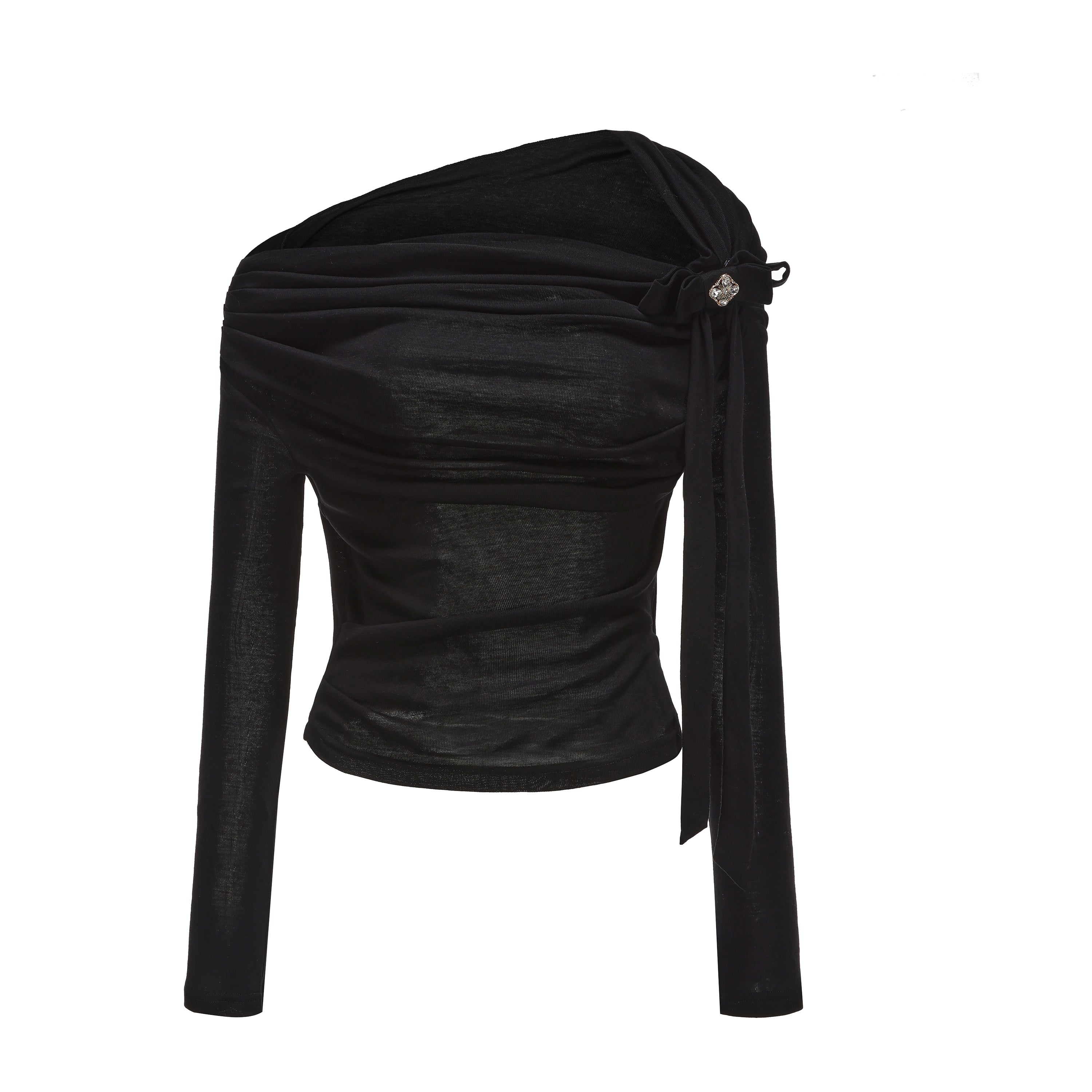 Black Off-The-Shoulder Pleated Bow Ribbon Blouse