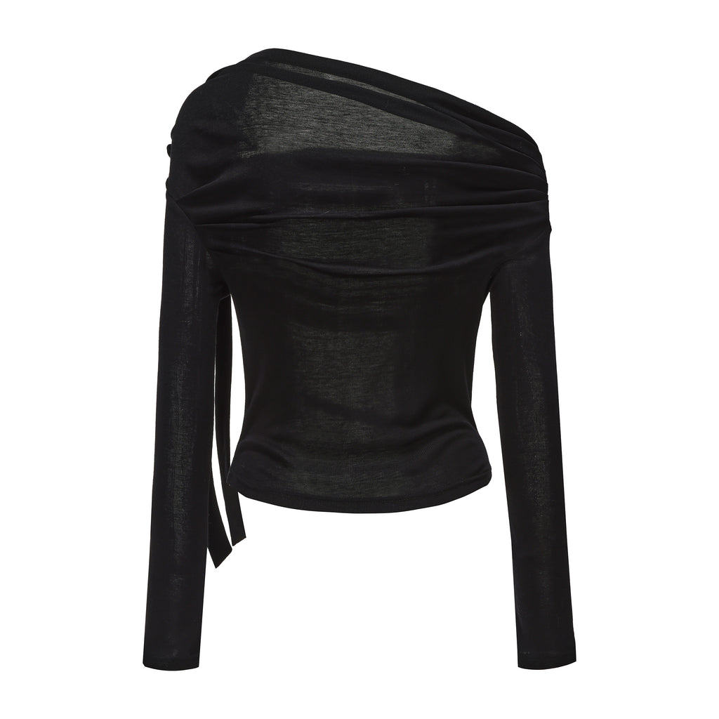 Black Off-The-Shoulder Pleated Bow Ribbon Blouse