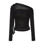 Black Off-The-Shoulder Pleated Bow Ribbon Blouse