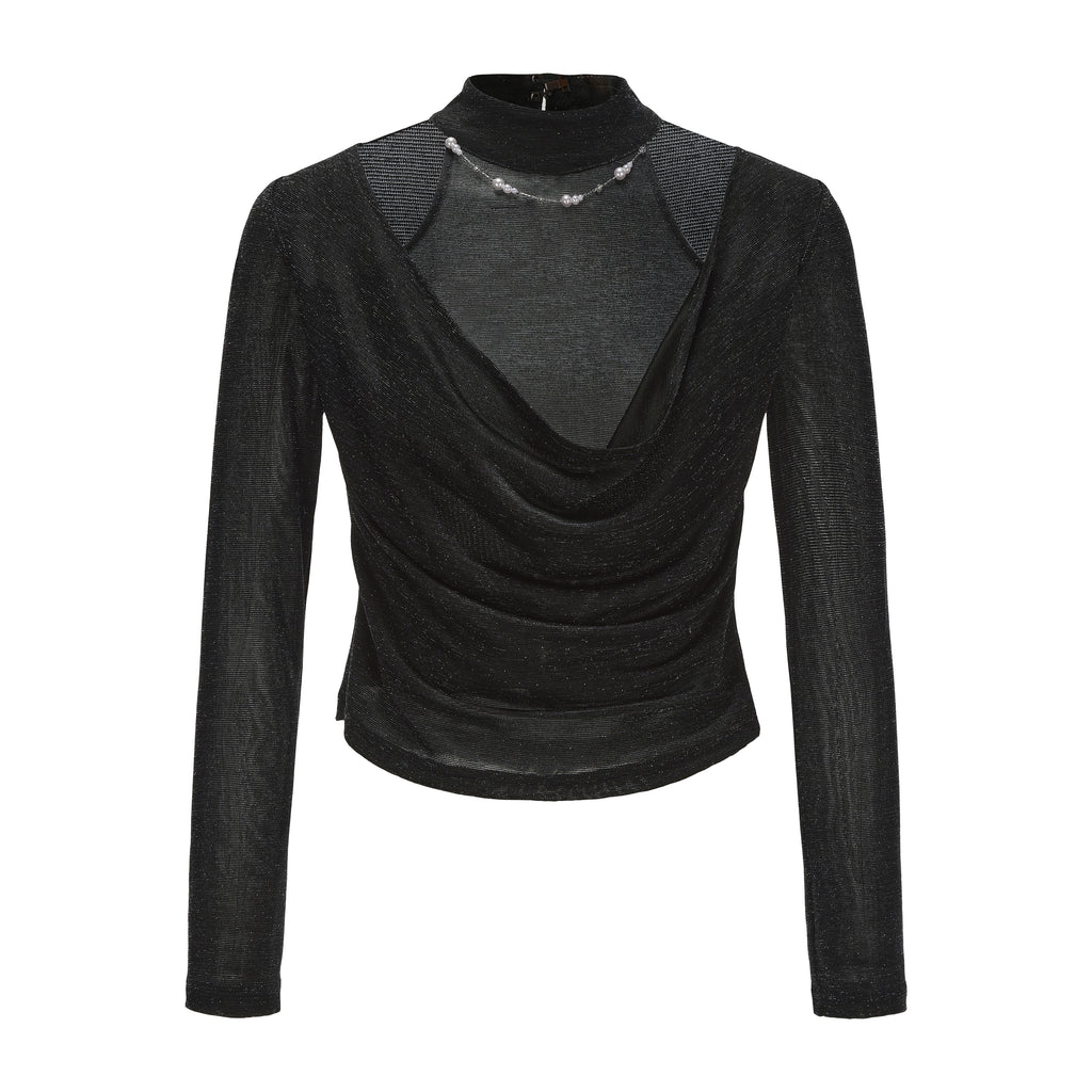 Black Bbeaded Mock-Neck False Two-Piece Top