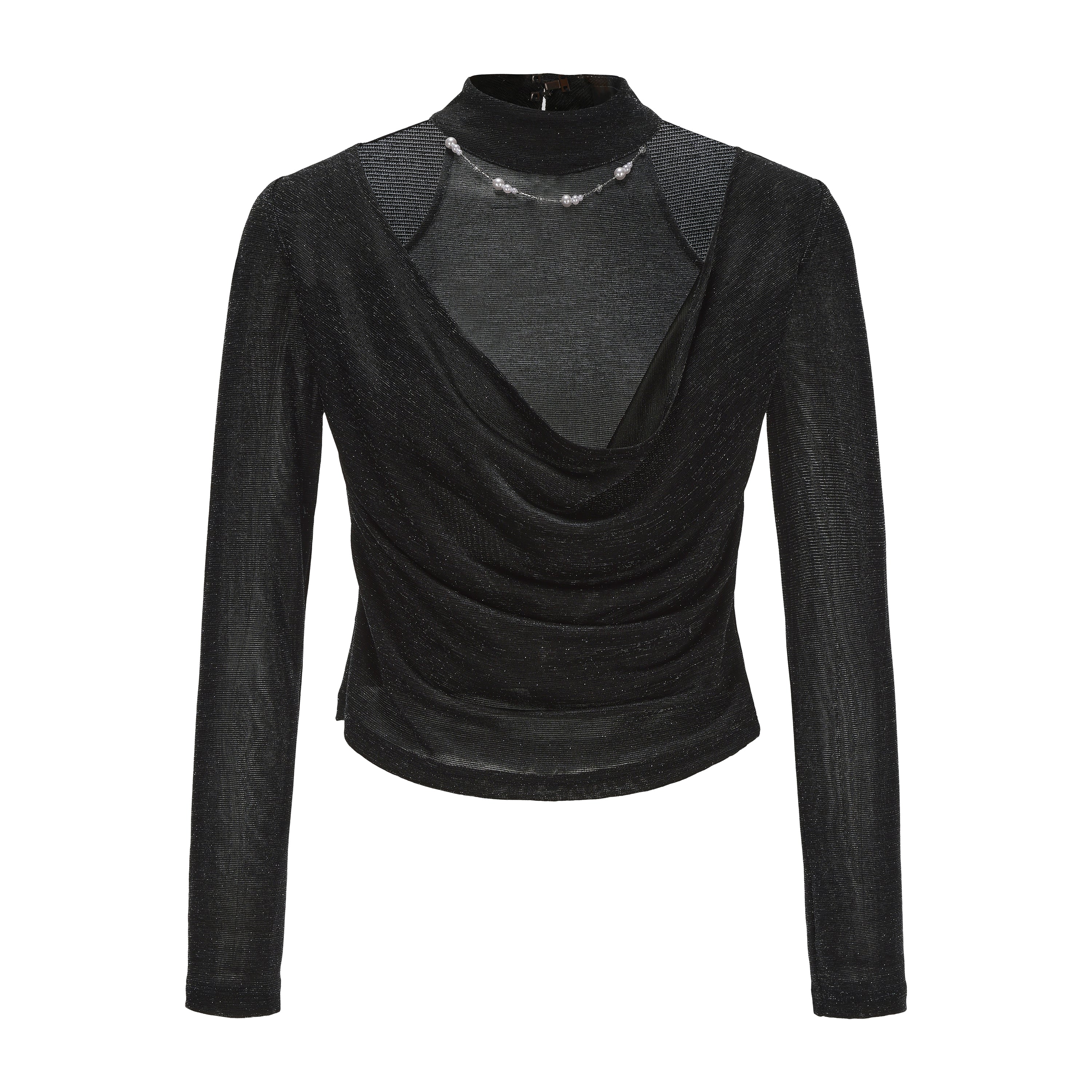 Black Bbeaded Mock-Neck False Two-Piece Top