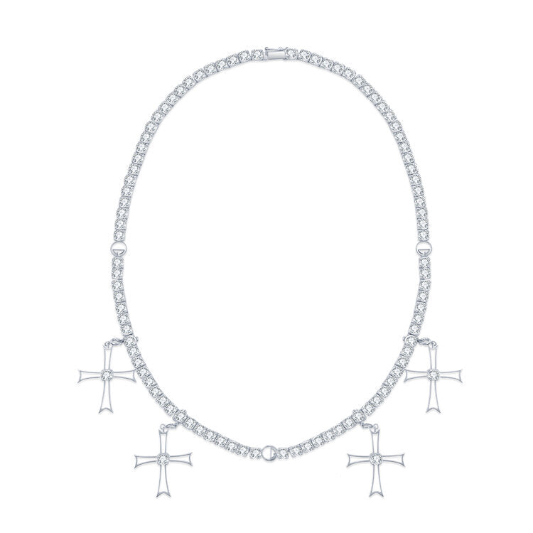 TENNIS CHAIN W/ CROSSES - WHITE GOLD