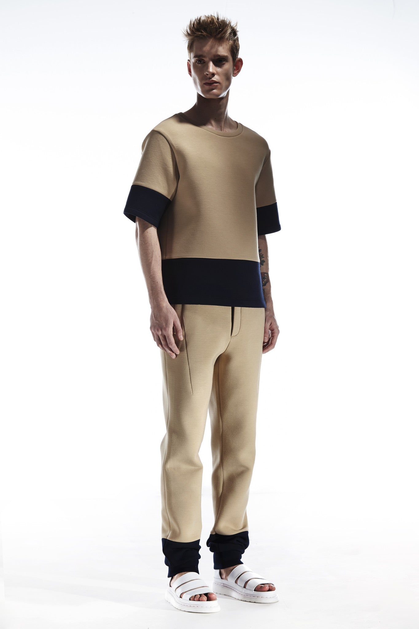 TOPS - NEOPRENE COLOUR BLOCK BEIGE & NAVY TOP