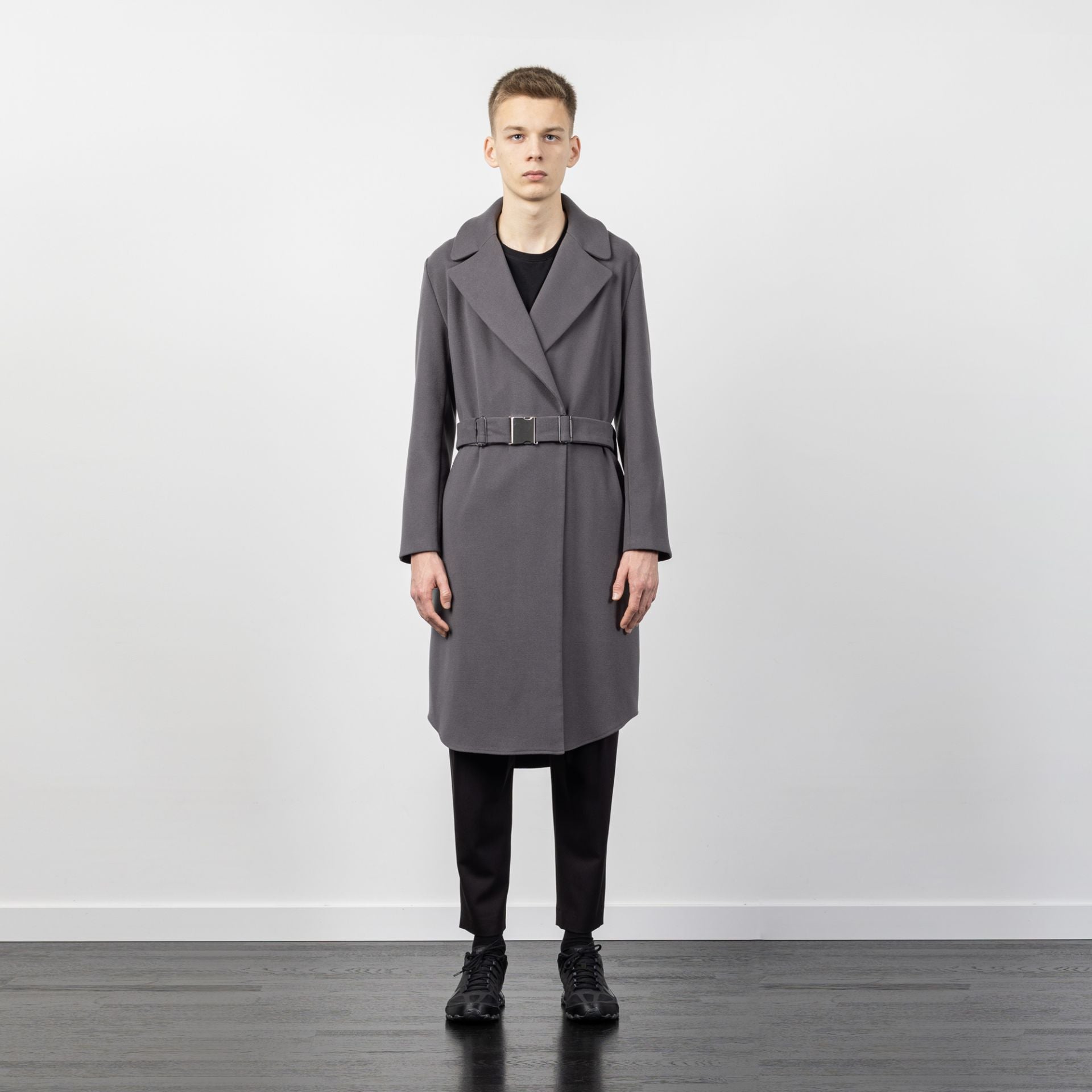 WOOL COAT WITH BUCKLE BELT GREY